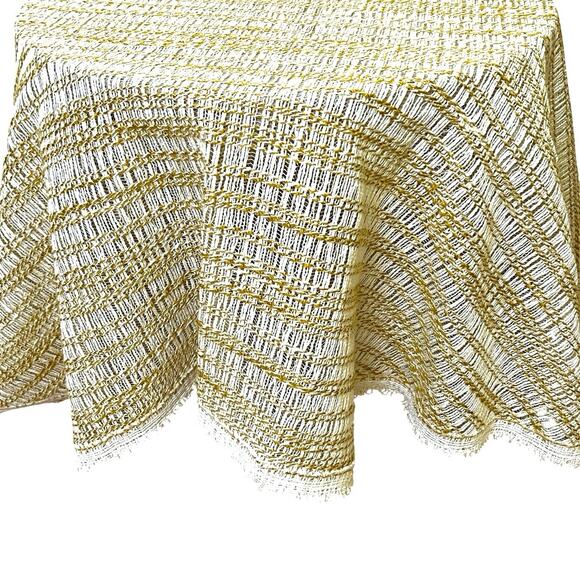 Vintage Tablecloth Open Weave Knit Round Cream Gold Octagon Sides 66” Diameter - Picture 2 of 10